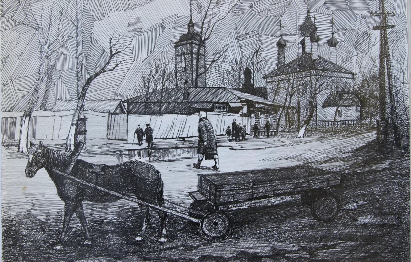 Photo wallpaper horse, graphics, black and white, Church, temple, Painting, cart, Svetlana Nesterova