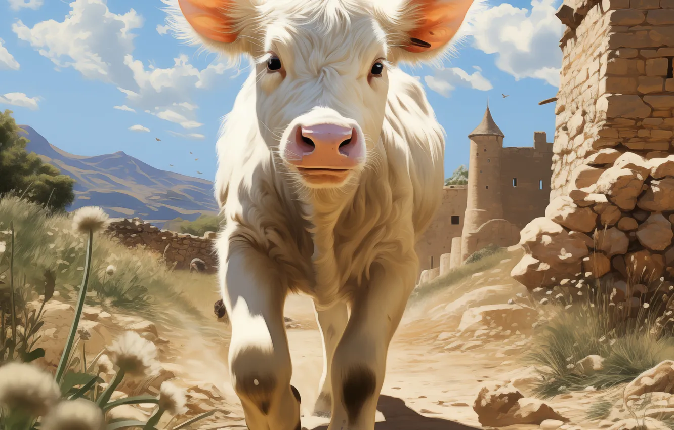 Photo wallpaper road, home, front, digital art, calf, bull, AI art, The Art of Artificial Intelligence