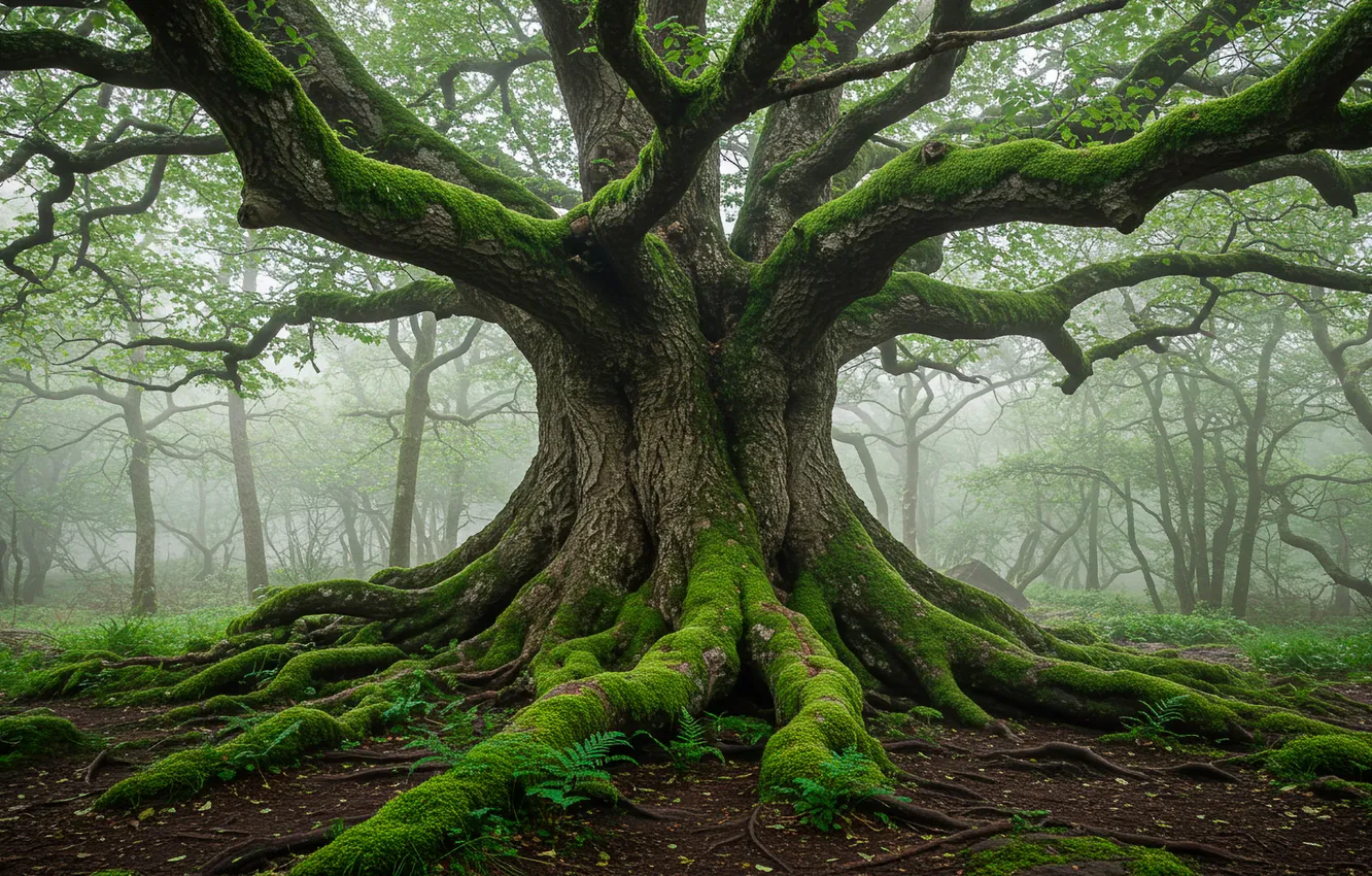 Photo wallpaper forest, fog, tree, Wallpaper, moss, spring, wallpaper, forest