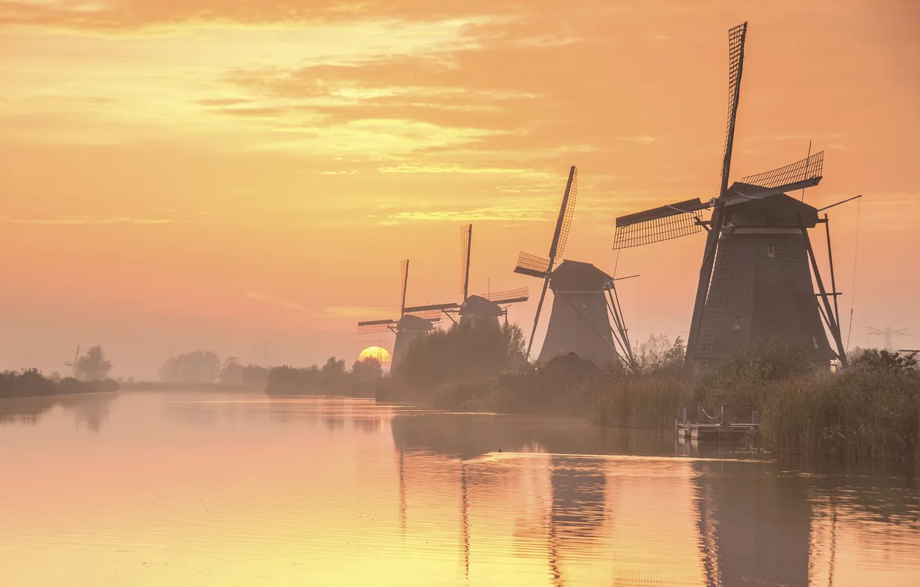 Photo wallpaper dawn, pond, windmills, windmill