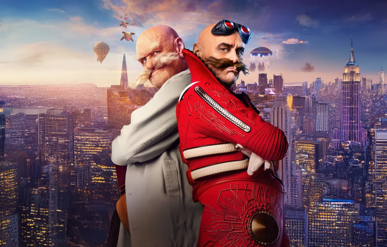 Photo wallpaper mustache, look, the city, pose, Jim Carrey, Jim Carrey, two, Sonic the Hedgehog