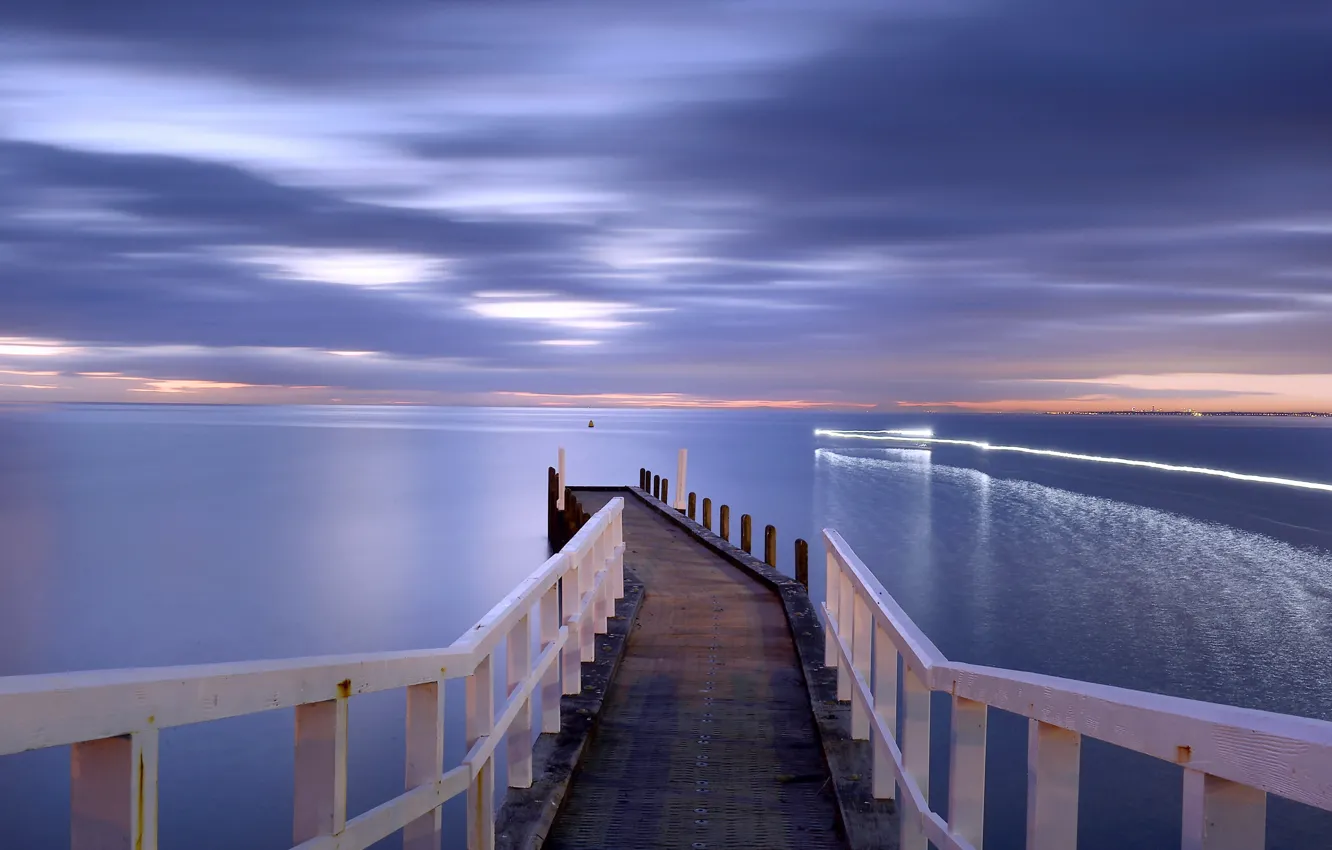 Photo wallpaper sea, landscape, sunset, bridge