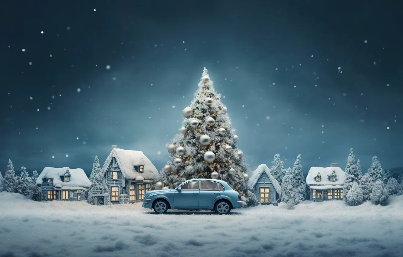 Photo wallpaper winter, car, machine, snow, balls, tree, New Year, village