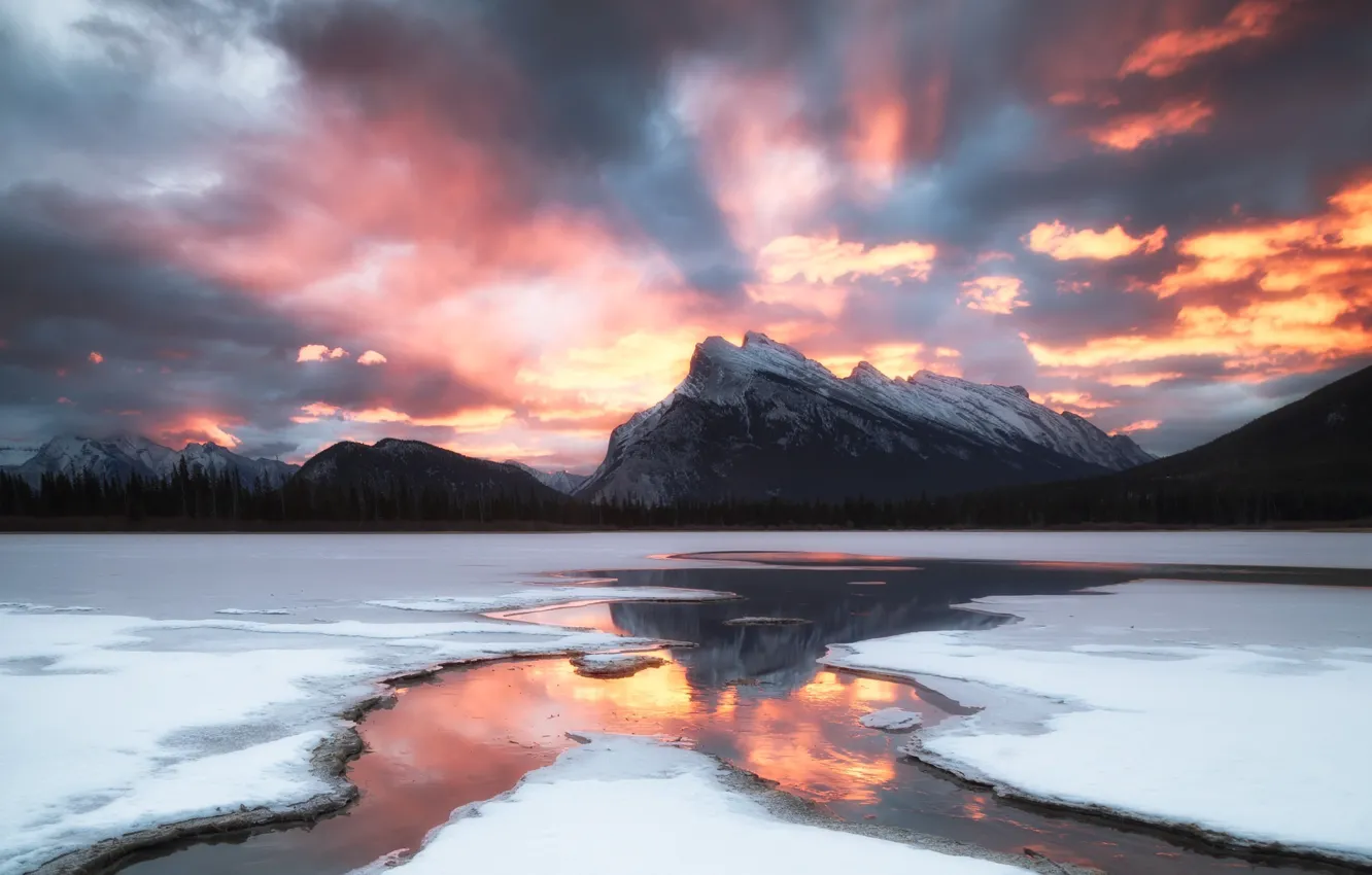 Photo wallpaper winter, the sky, snow, sunset, mountains, the evening