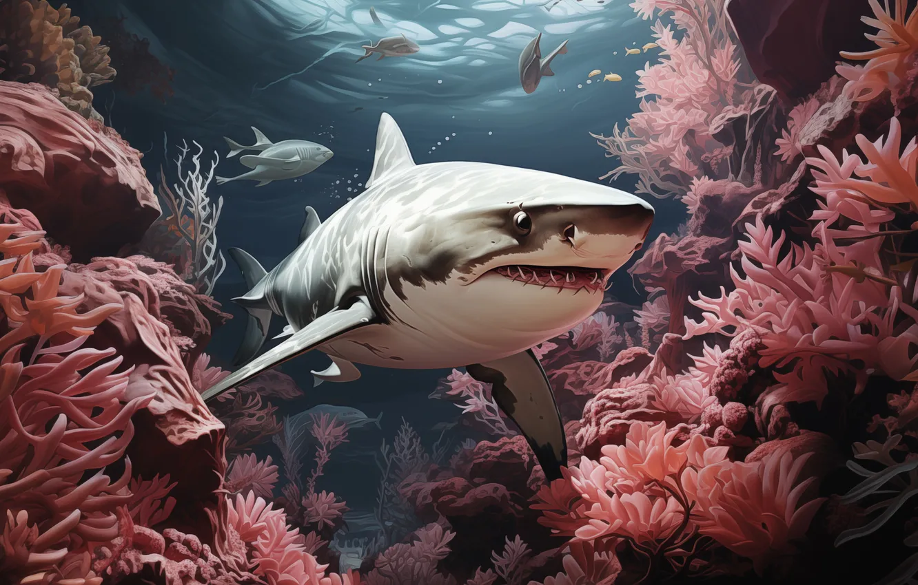 Photo wallpaper fish, predator, shark, corals, underwater world, digital art, AI art, The Art of Artificial Intelligence