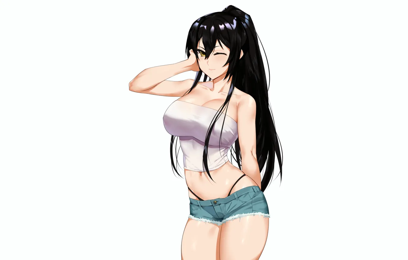 Photo wallpaper girl, sexy, cleavage, shorts, long hair, boobs, anime, beautiful