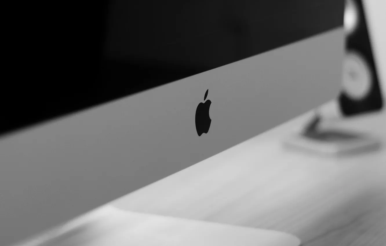 Photo wallpaper computer, macro, logo, apple imac, b/w