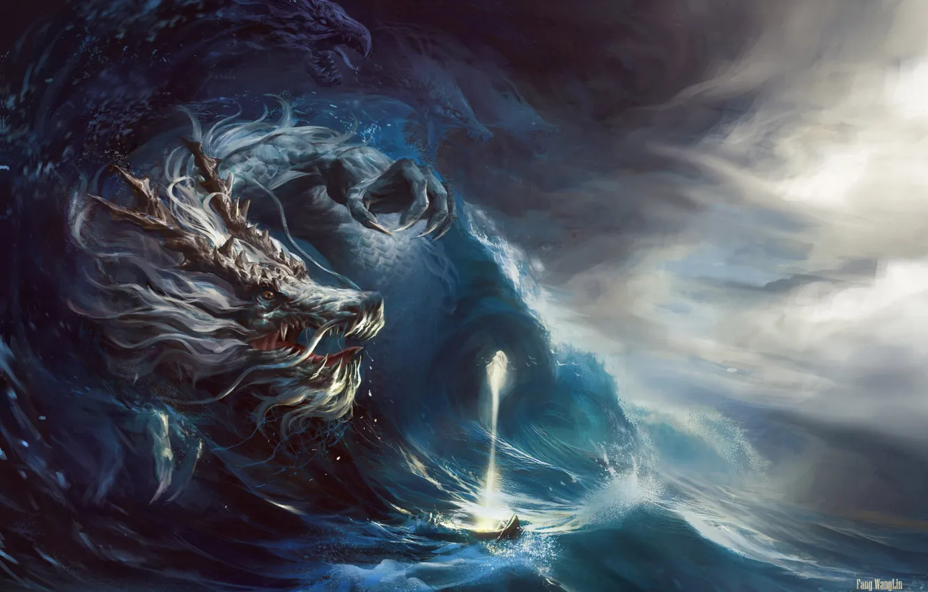 Photo wallpaper sea, wave, storm, magic, boat, dragon, being, art