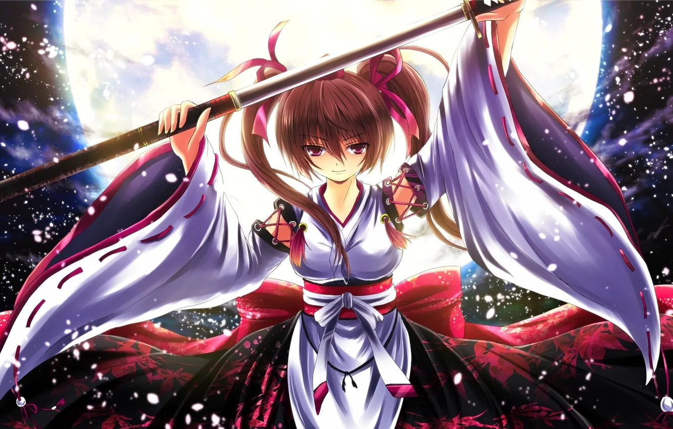 Photo wallpaper girl, night, the moon, sword, katana, art, sparks, nekominase