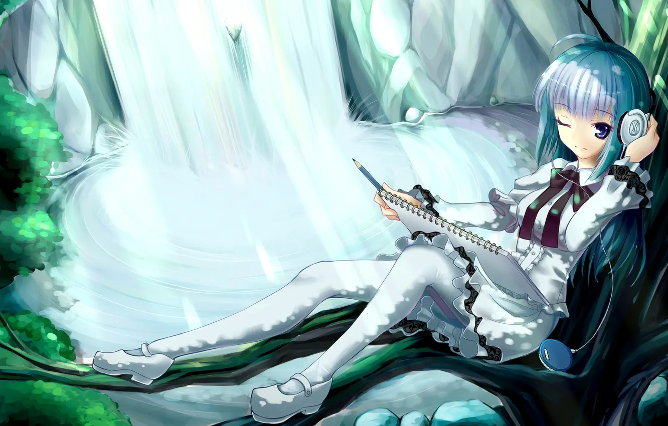 Photo wallpaper branches, waterfall, pencils, headphones, art, player, girl, album