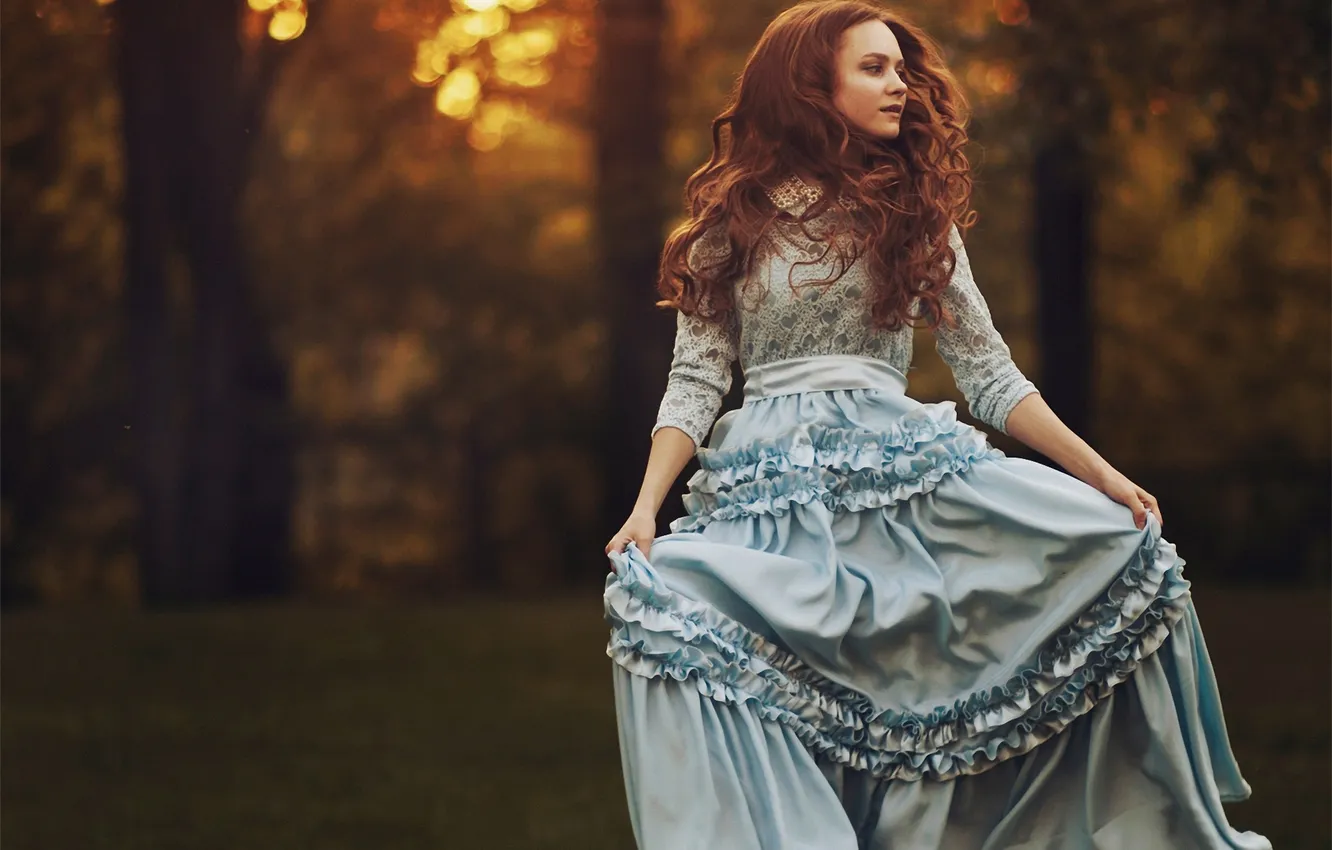 Photo wallpaper forest, girl, the evening, dress, redhead