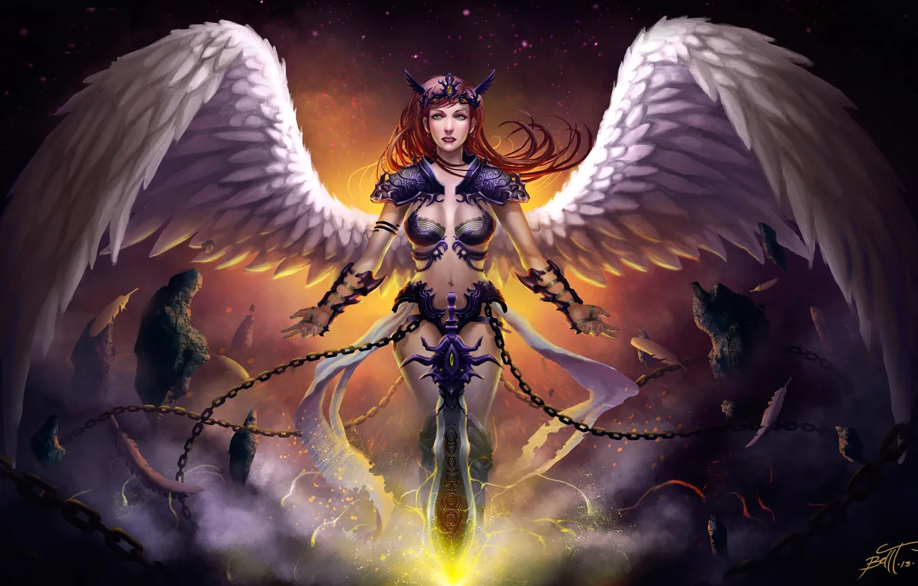 Photo wallpaper look, girl, weapons, fiction, wings, angel, sword, art