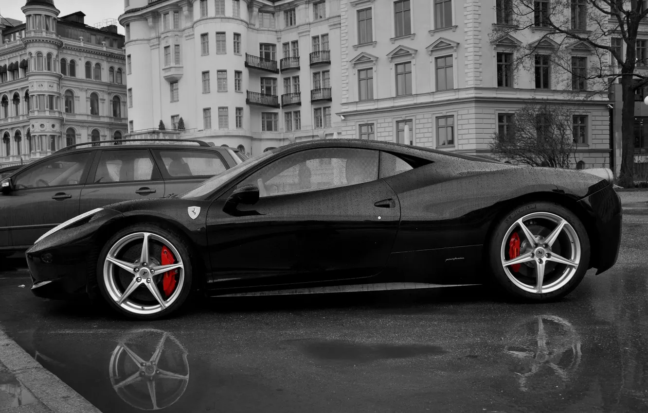 Photo wallpaper rain, b/W, ferrari 458 italia, red brake