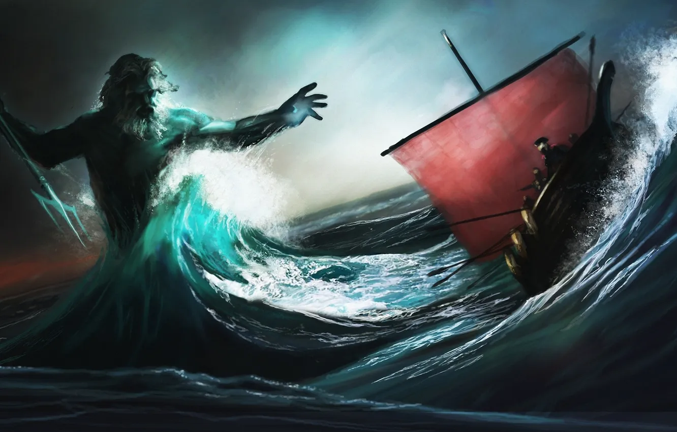 Photo wallpaper sea, wave, storm, ship, sailboat, Trident, battle, Poseidon