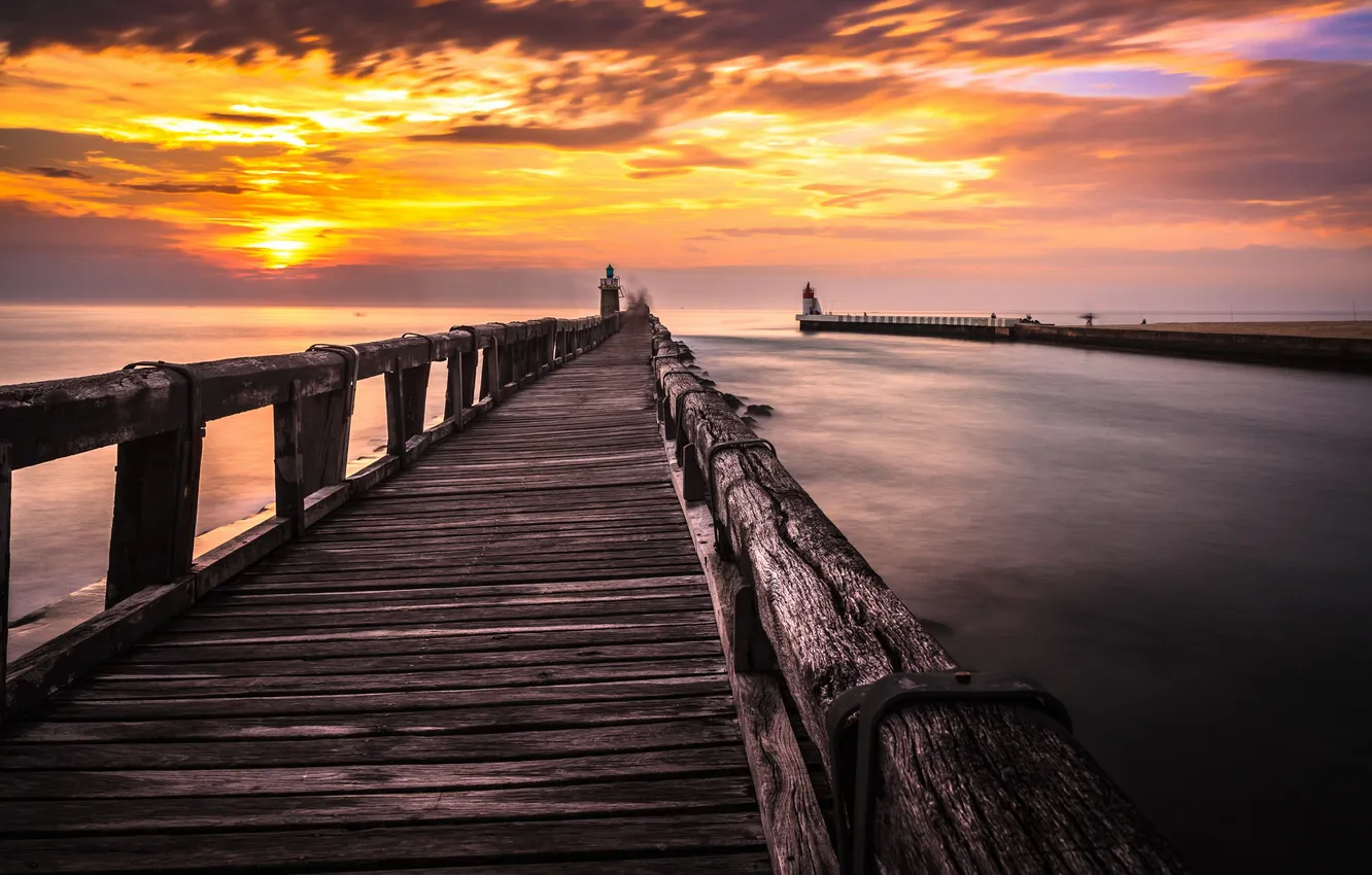 Photo wallpaper sea, sunset, bridge