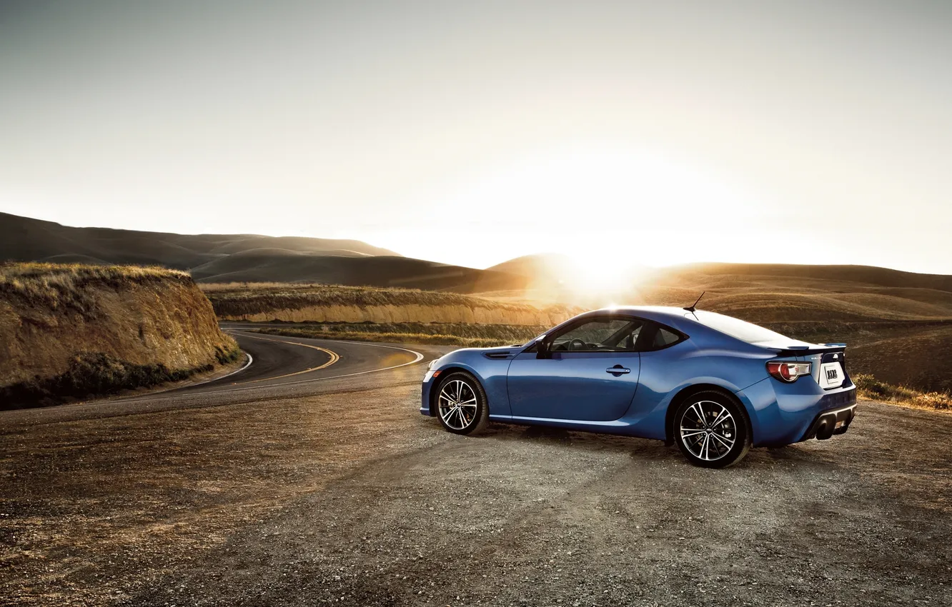 Photo wallpaper road, the sun, light, blue, Subaru, BRZ