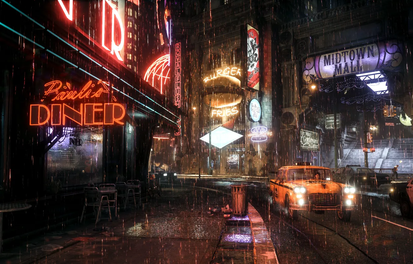 Photo wallpaper the city, rain, Rocksteady Studios, Batman Arkham Knight