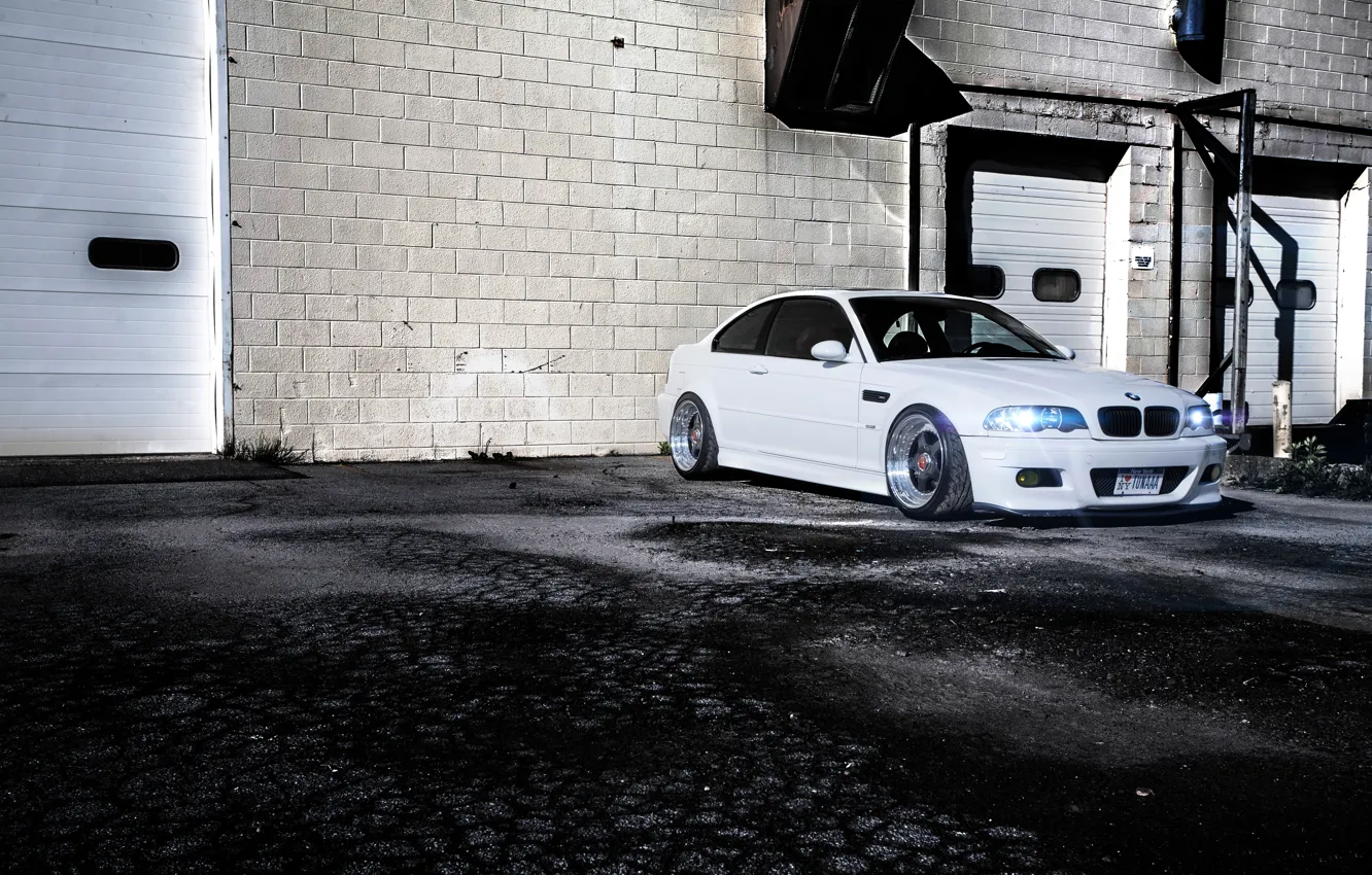 Photo wallpaper white, asphalt, the building, bmw, BMW, white, e46