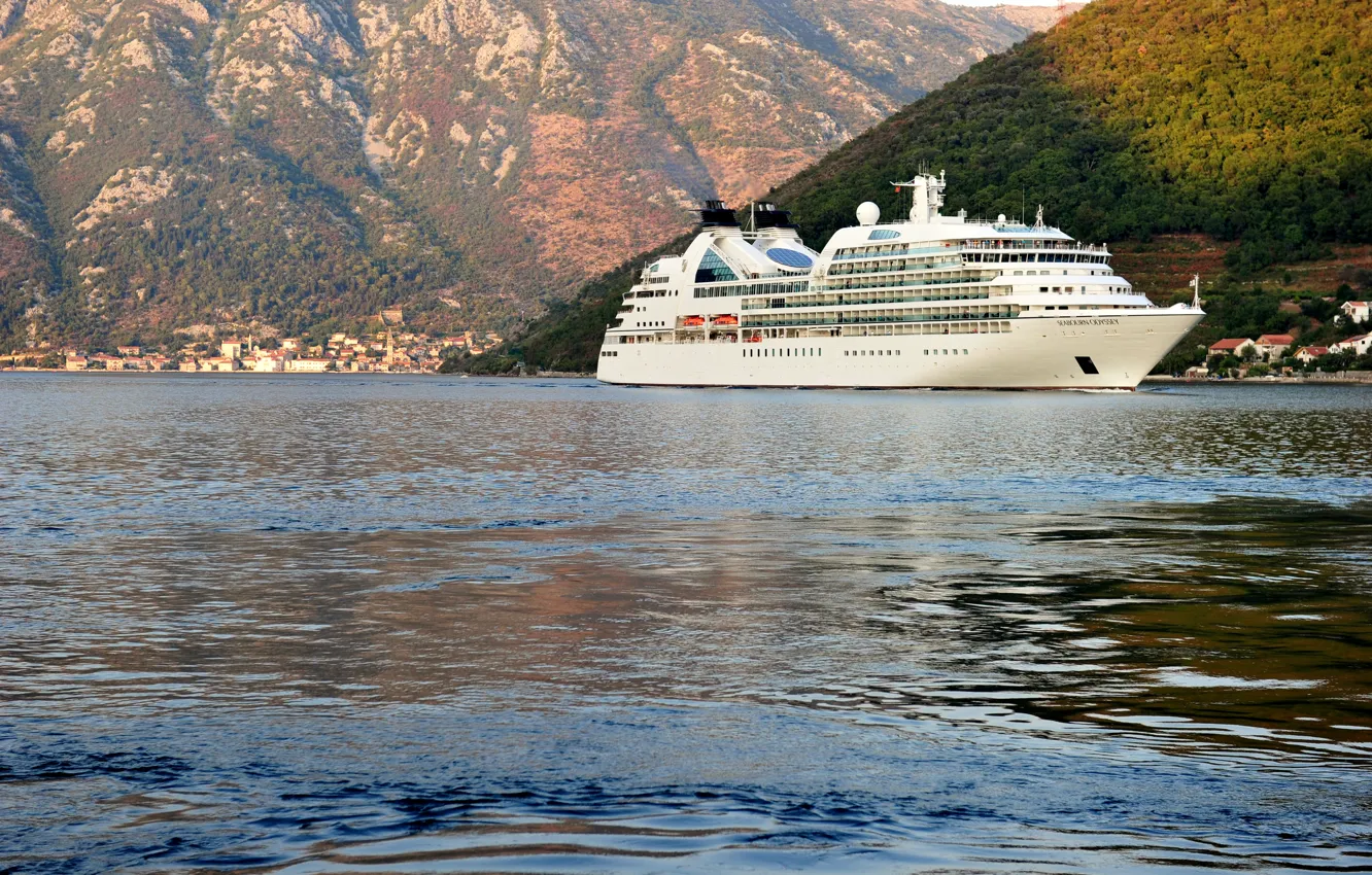 Photo wallpaper sea, trees, mountains, coast, home, liner, Montenegro, cruise