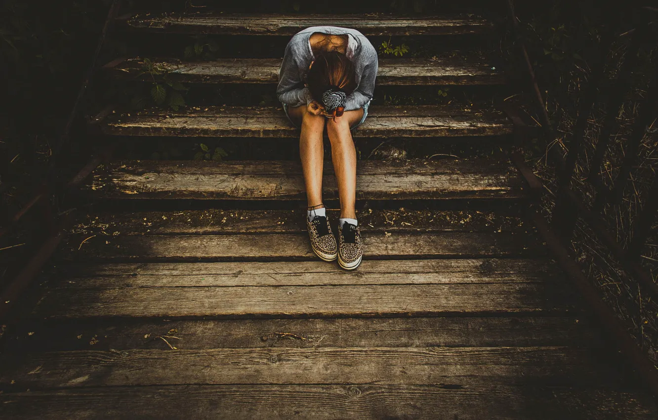 Photo wallpaper girl, loneliness, ladder