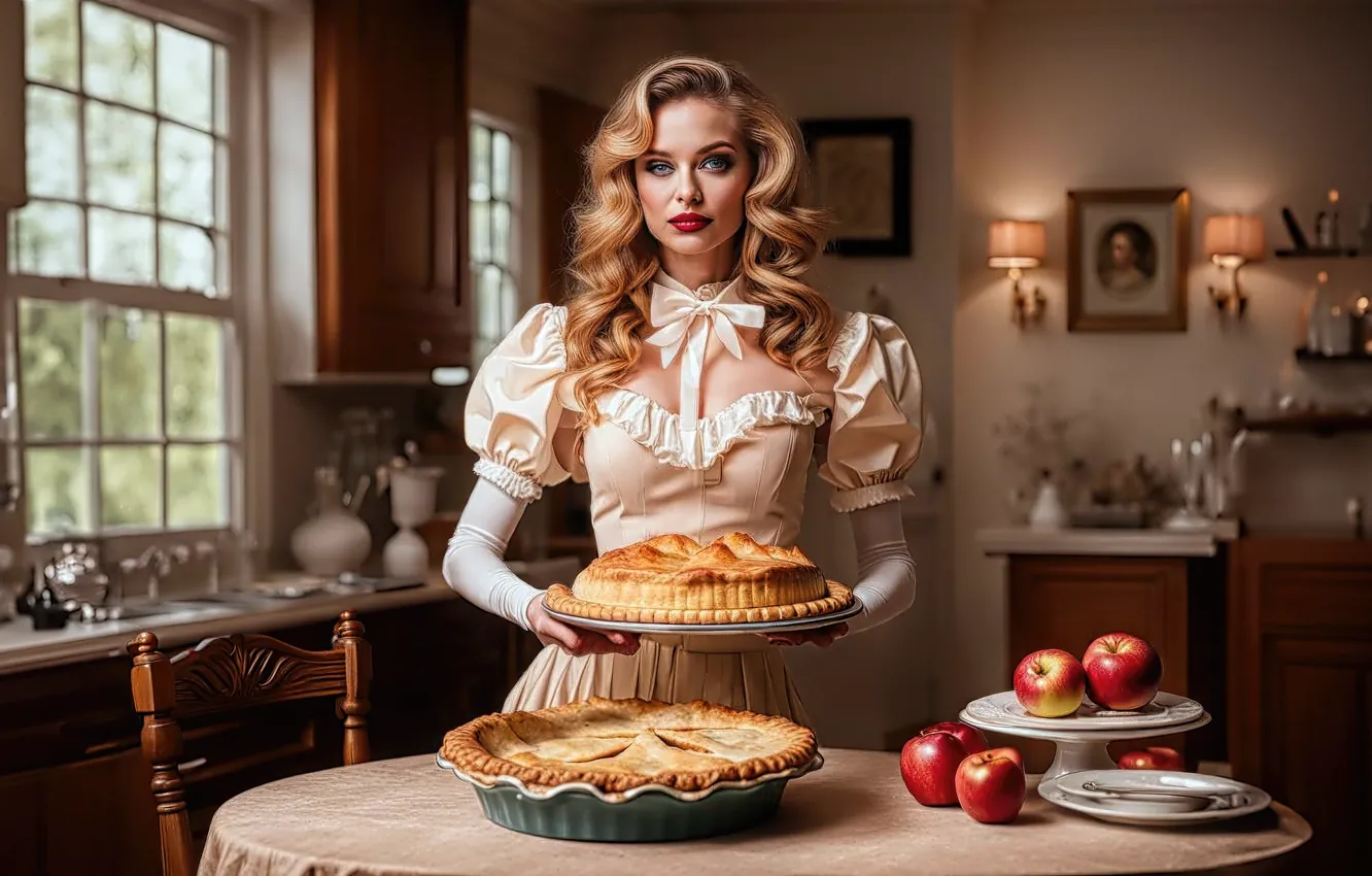 Photo wallpaper girl, dress, pie, cakes