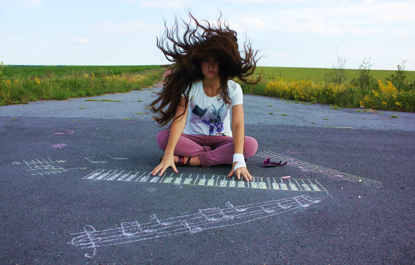 Photo wallpaper girl, music, fantasy, disheveled hair, sitting on the pavement, A gust of wind, chalk drawing