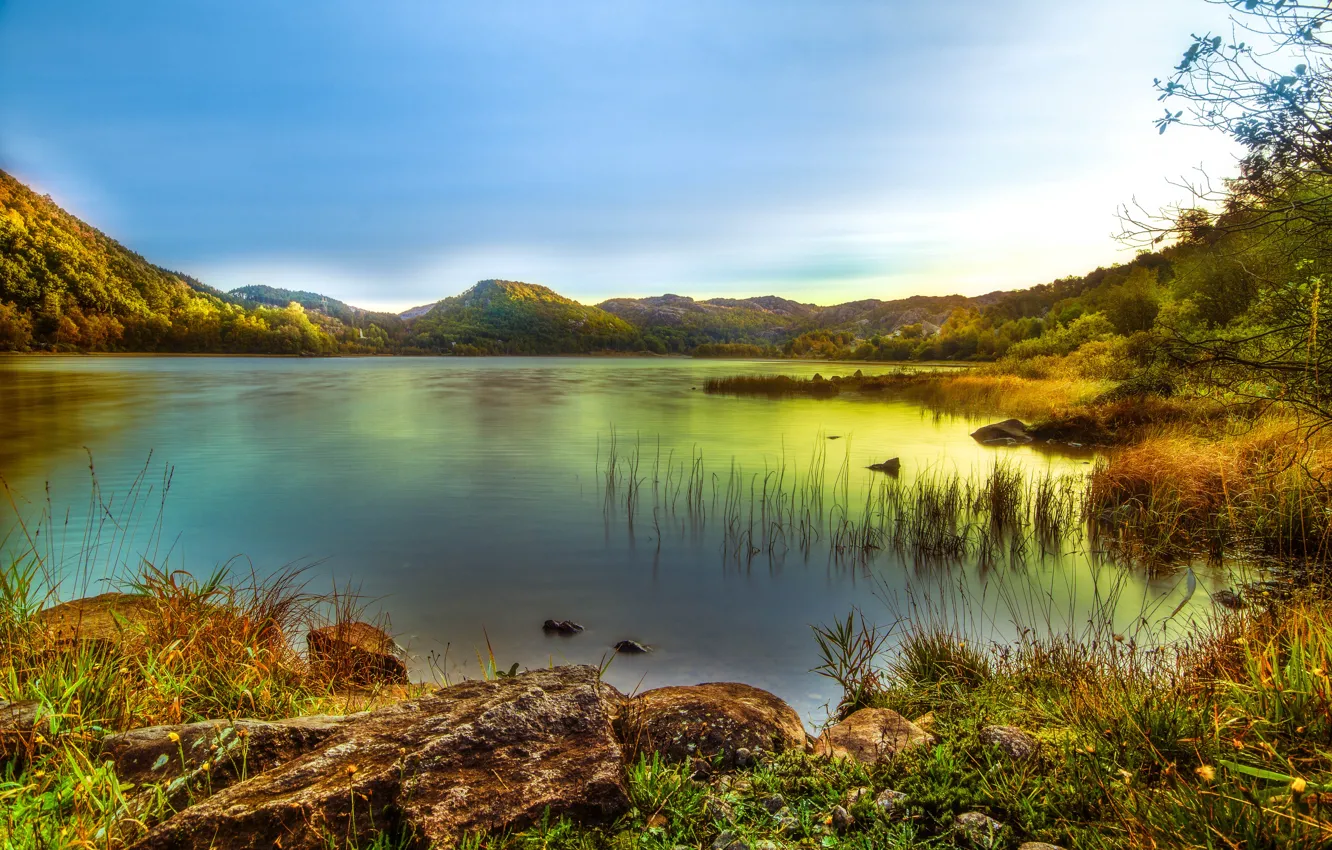 Photo wallpaper the sky, grass, stones, shore, mountains. lake