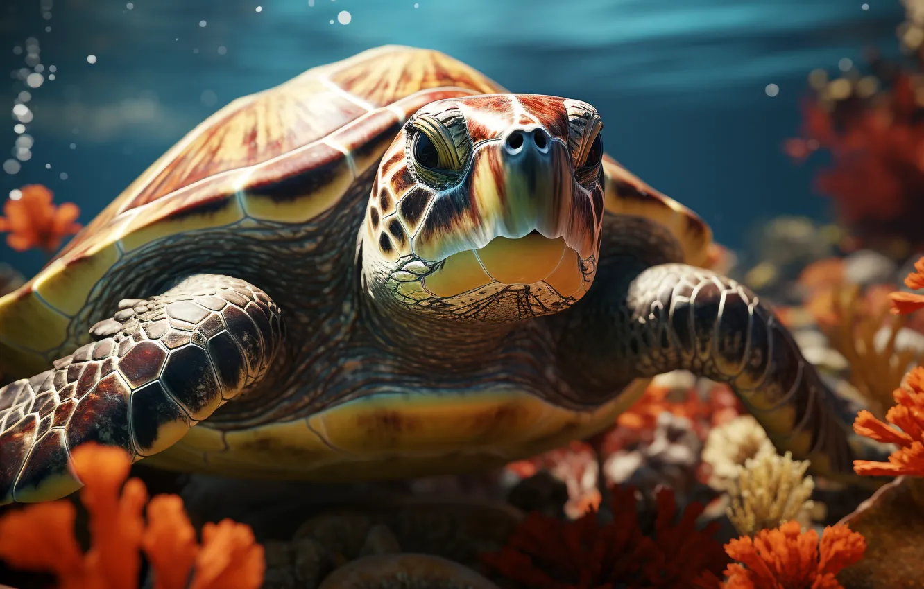 Photo wallpaper sea, turtle, sea turtle, AI art, neural network
