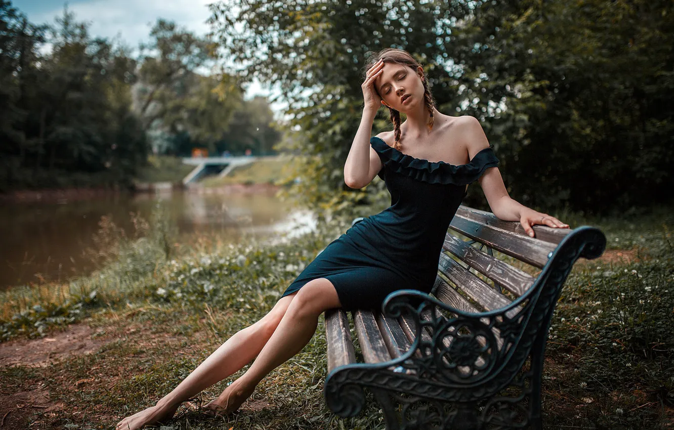 Photo wallpaper girl, river, long hair, dress, legs, trees, photo, photographer