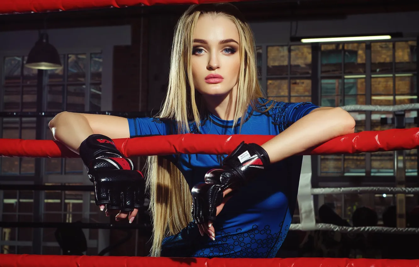 Photo wallpaper girl, sport, makeup, t-shirt, hairstyle, blonde, Boxing, gloves