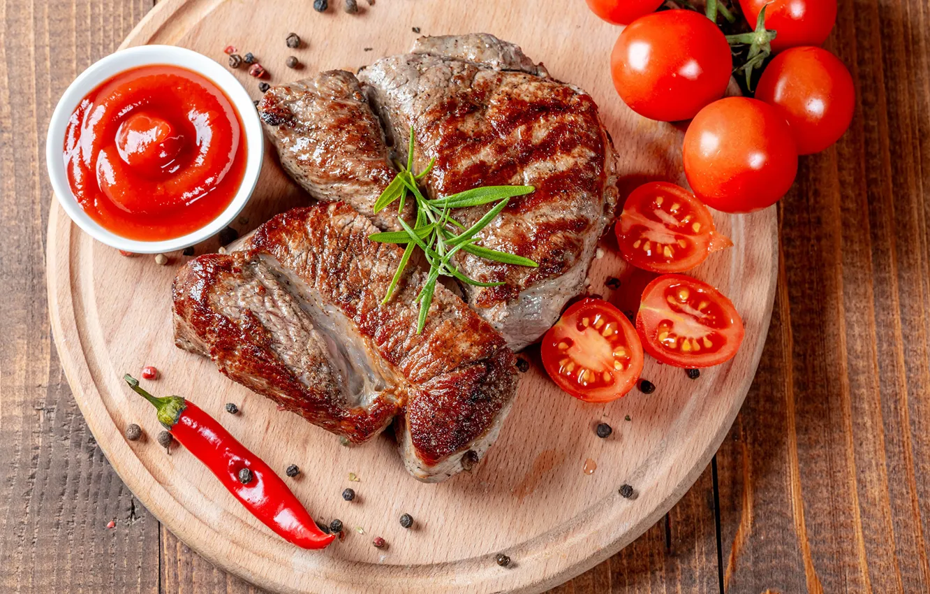 Photo wallpaper photo, Board, meat, pepper, tomatoes