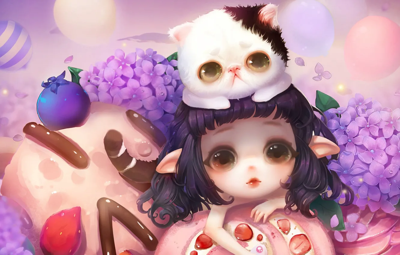 Photo wallpaper flowers, anime, art, girl, kitty, snacks, milkyu dong, Lolita cake and cat