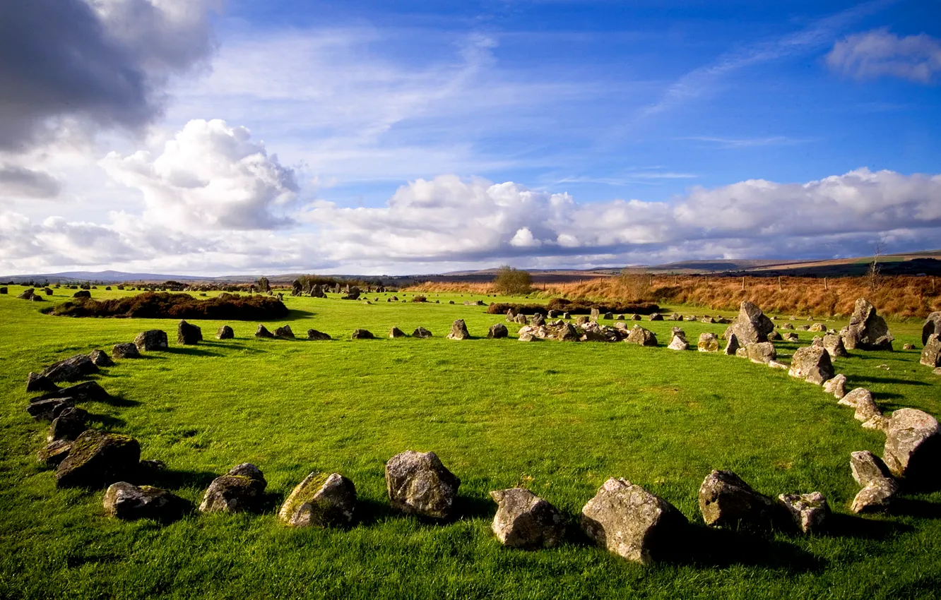 Photo wallpaper field, the sky, clouds, stones, round