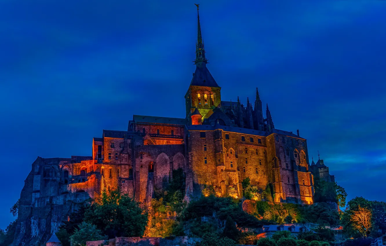 Photo wallpaper night, lights, rock, France, the monastery, Mont-Saint-Michel