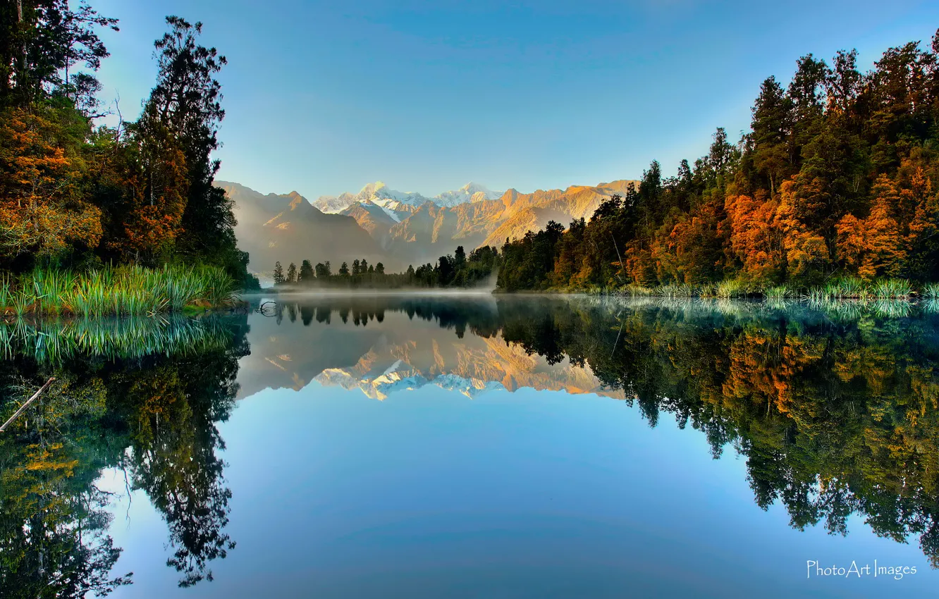 Photo wallpaper forest, mountains, lake, reflection, New Zealand, South island, National Park Westland, Fox Glacier