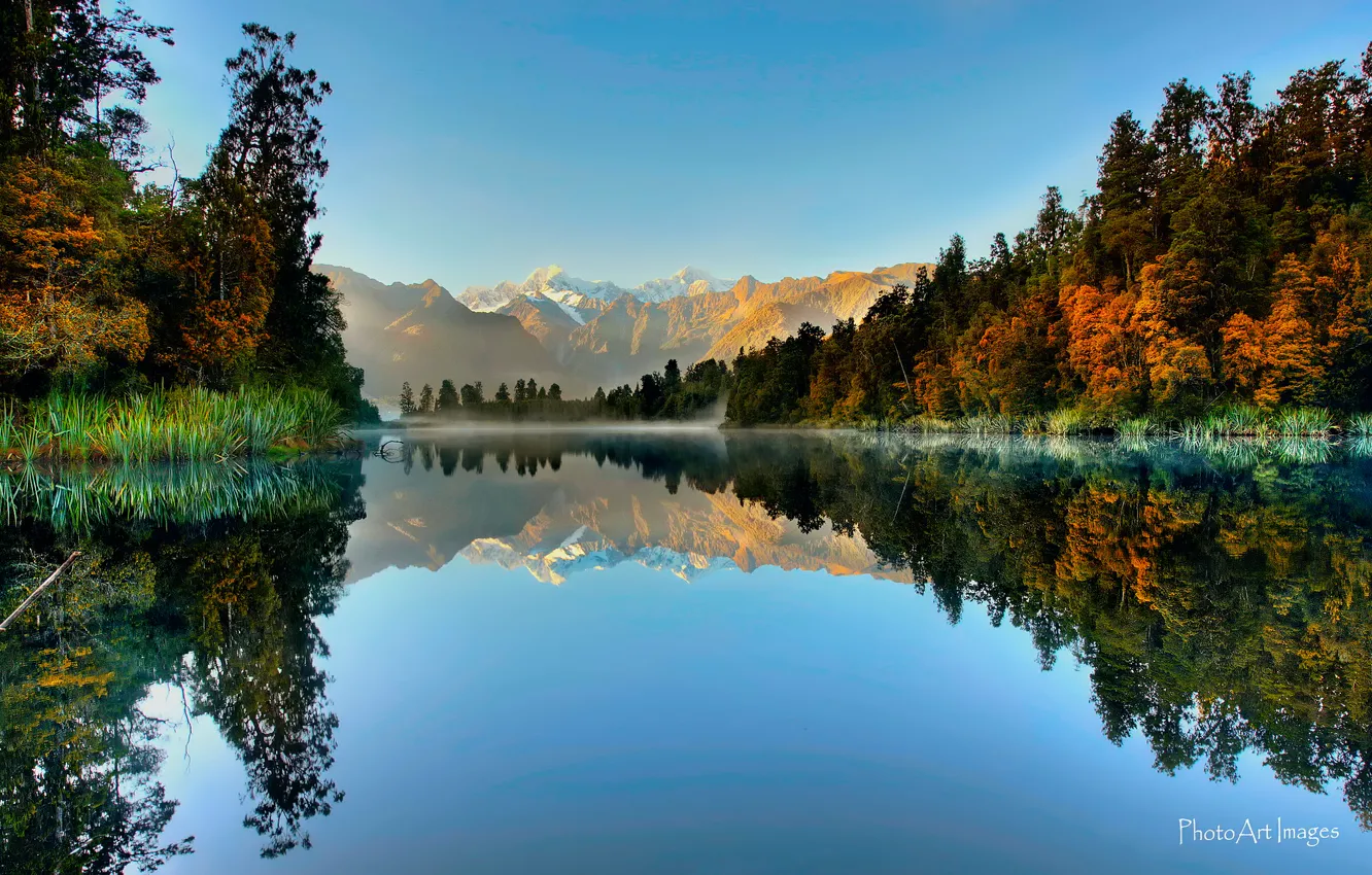 Photo wallpaper forest, reflection, mountains, lake, New Zealand, South island, National Park Westland, Fox Glacier