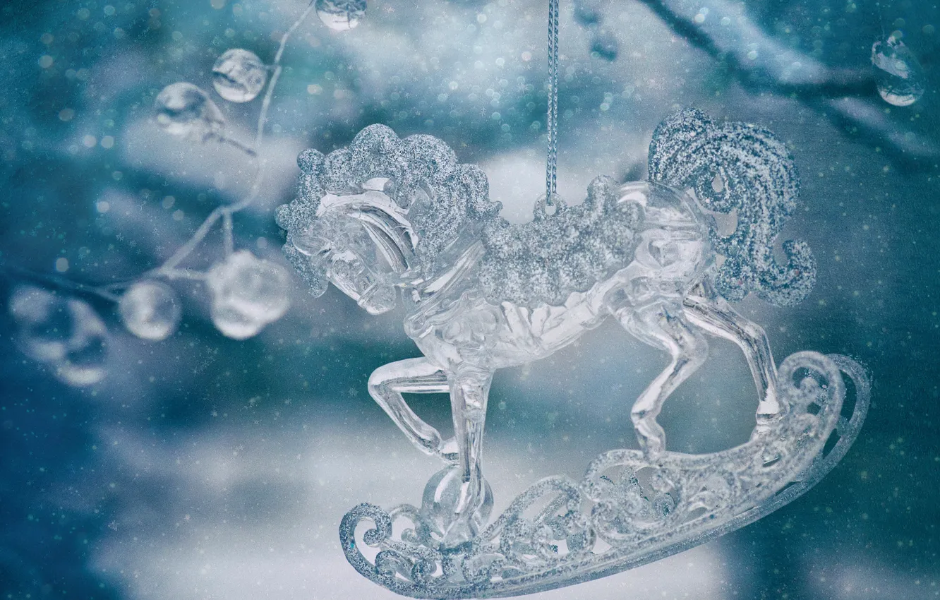 Photo wallpaper snowflakes, Christmas, New year, glass, figure, crystal, horse