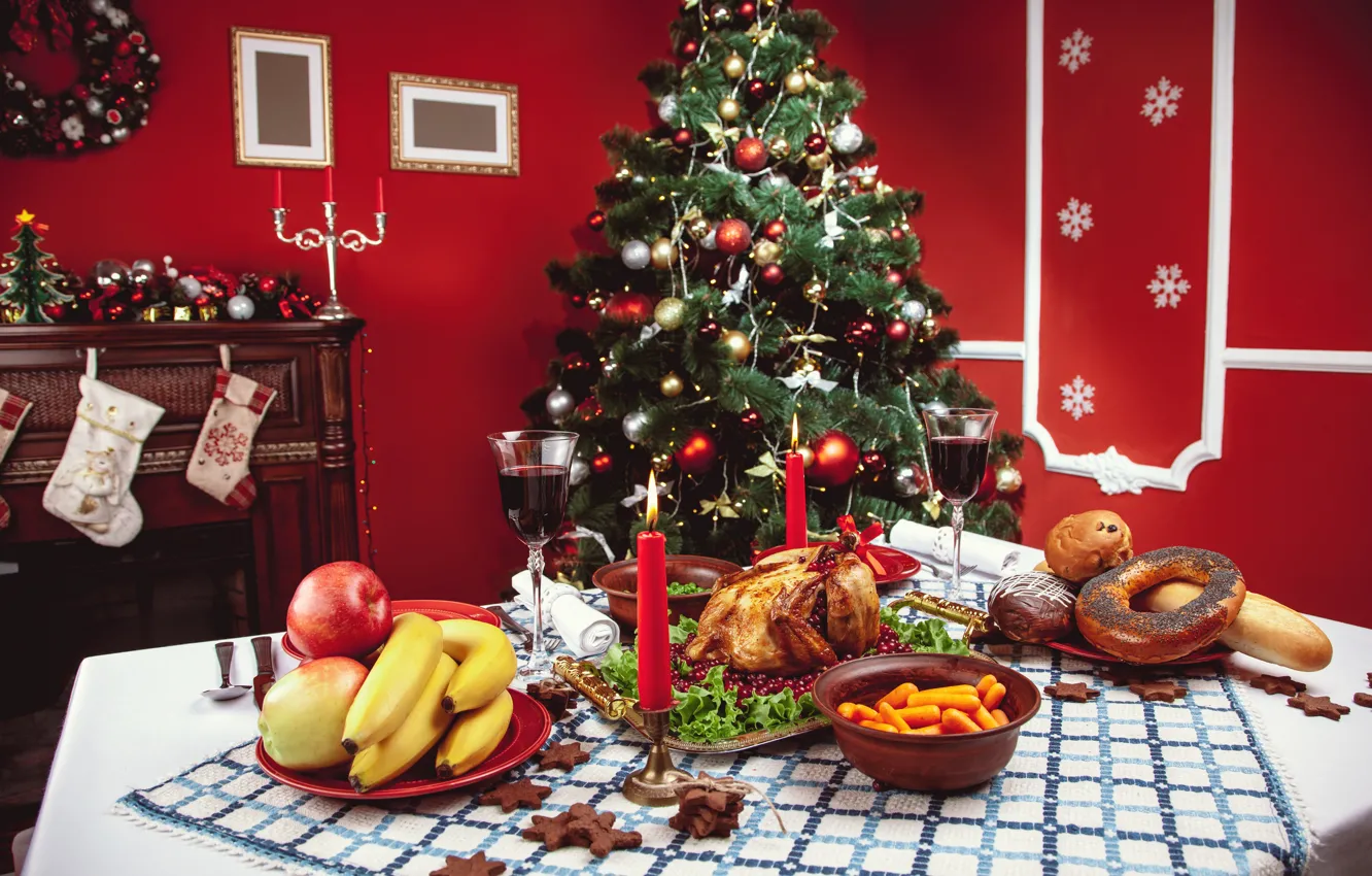 Photo wallpaper holiday, toys, tree, new year, decor, festive table