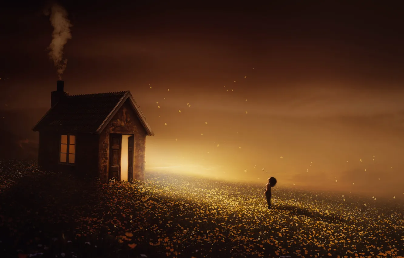 Photo wallpaper flowers, pose, rendering, light, photoart, the door, glade, smoke