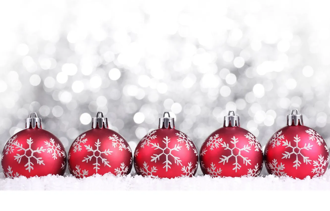 Photo wallpaper balls, snow, snowflakes