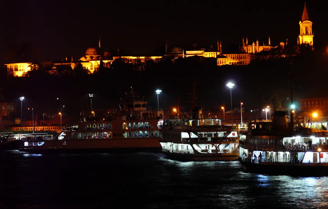 Photo wallpaper night, ship, Istanbul, Palace, Istanbul, ship, Topkapi Palace