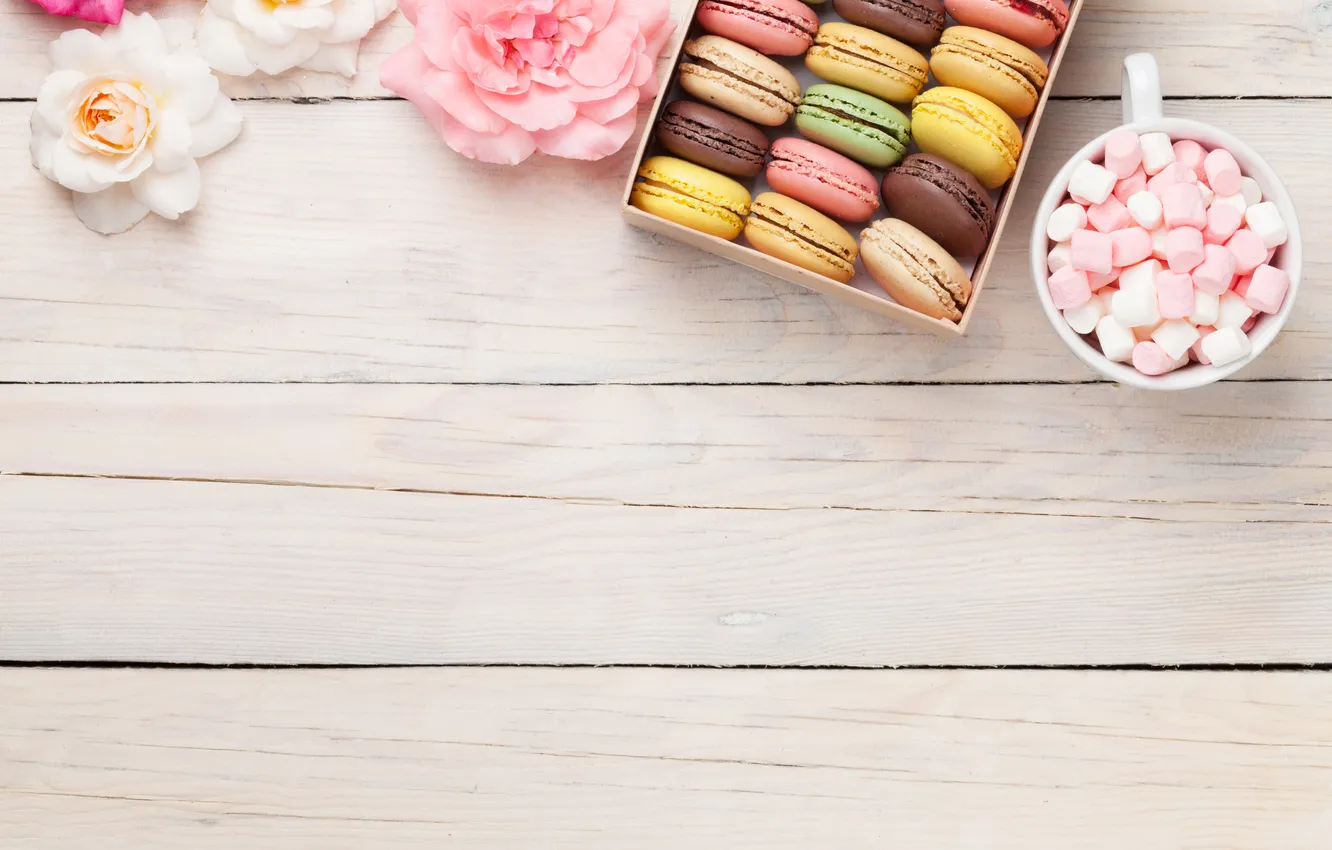 Photo wallpaper flowers, gift, colorful, wood, pink, flowers, macarons, gift box