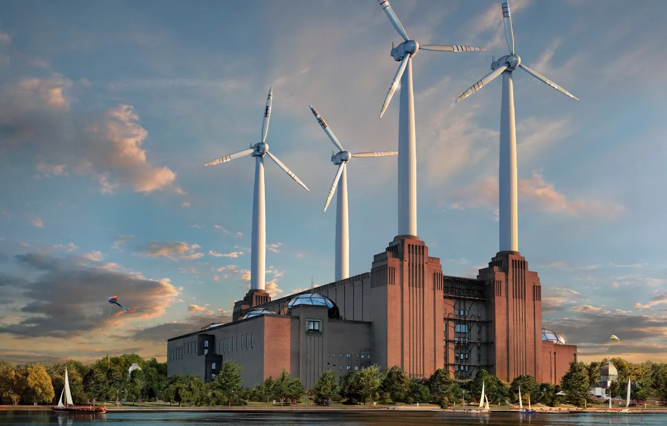 Photo wallpaper river, boat, windmills, power