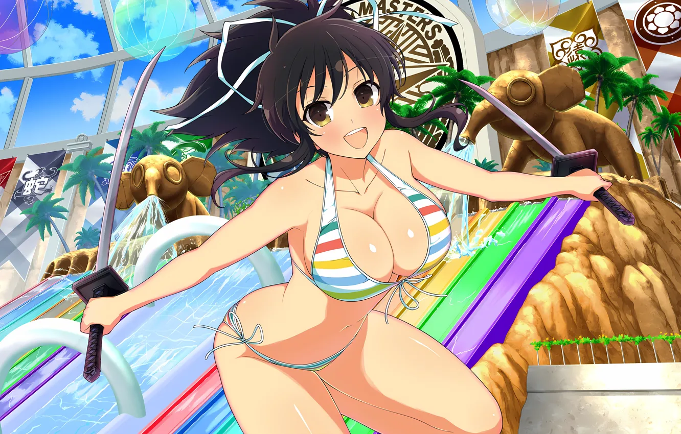 Photo wallpaper girl, sexy, cleavage, long hair, legs, brown eyes, boobs, anime