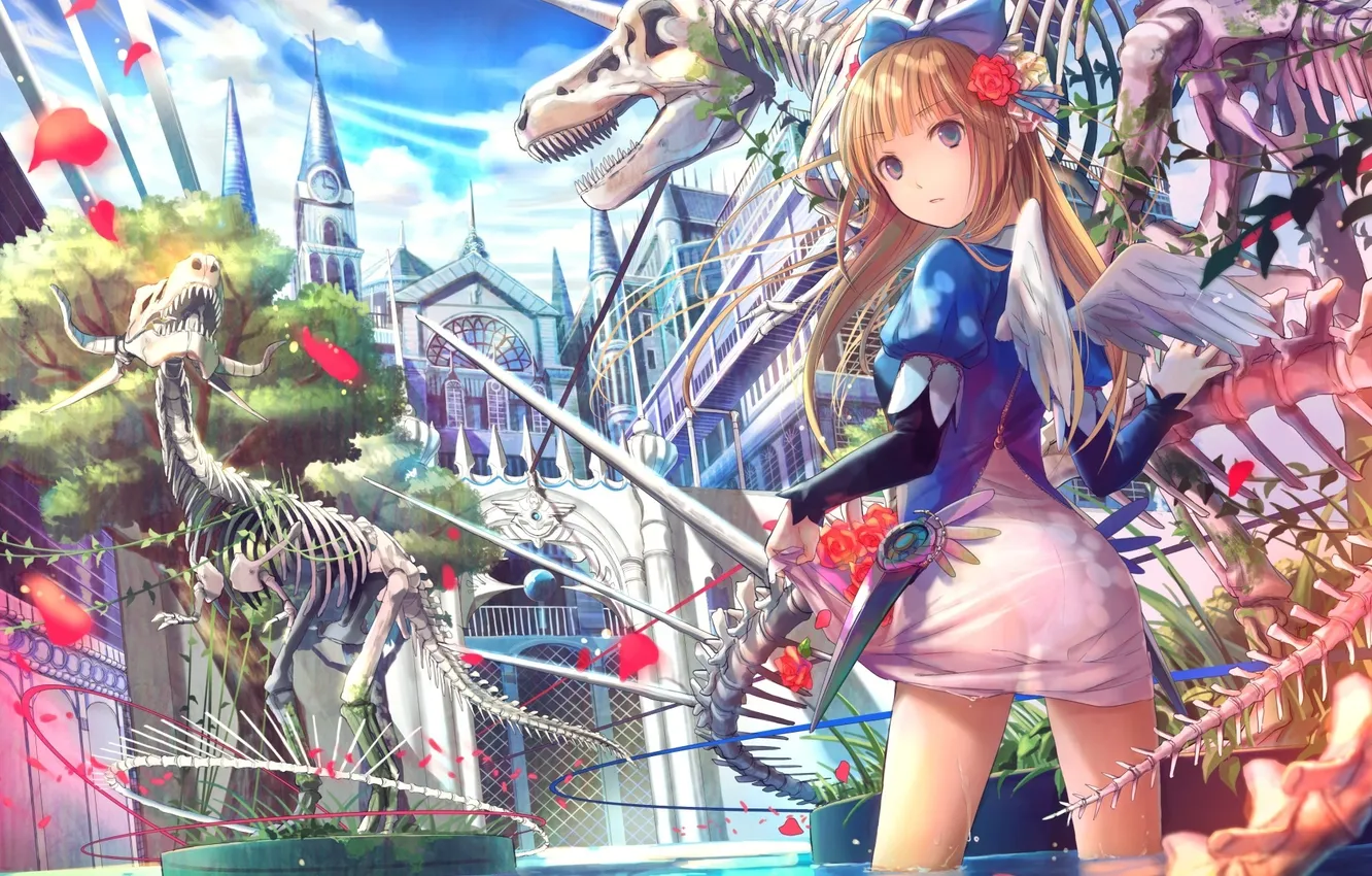 Photo wallpaper girl, anime, Museum, fuji choko, dinosaur skeletons