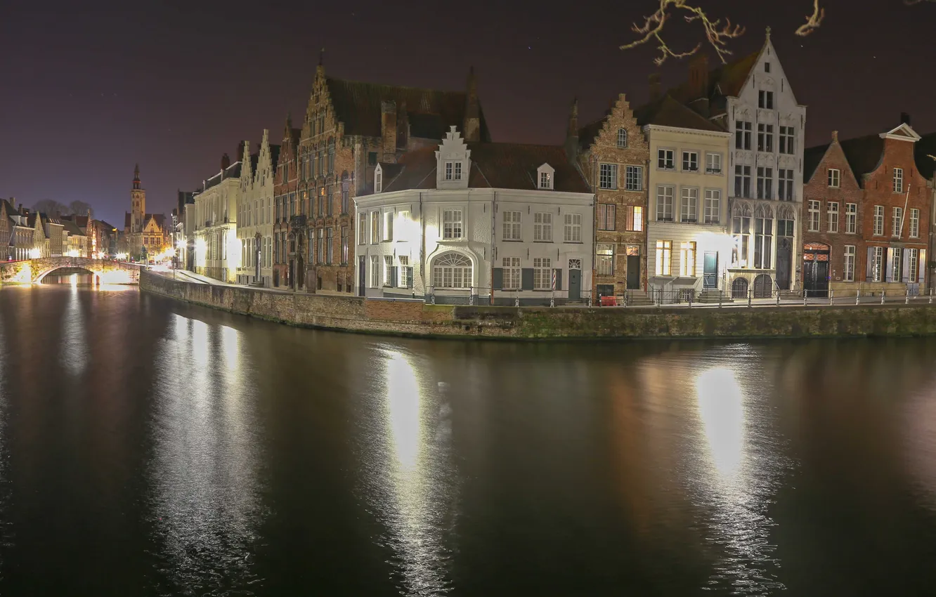 Photo wallpaper the sky, night, bridge, lights, reflection, home, channel, Belgium
