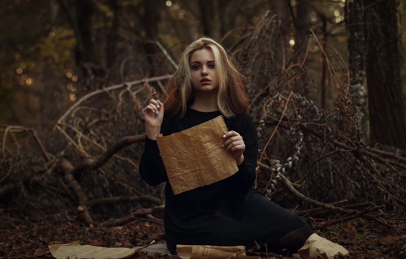 Photo wallpaper girl, newspaper, bokeh