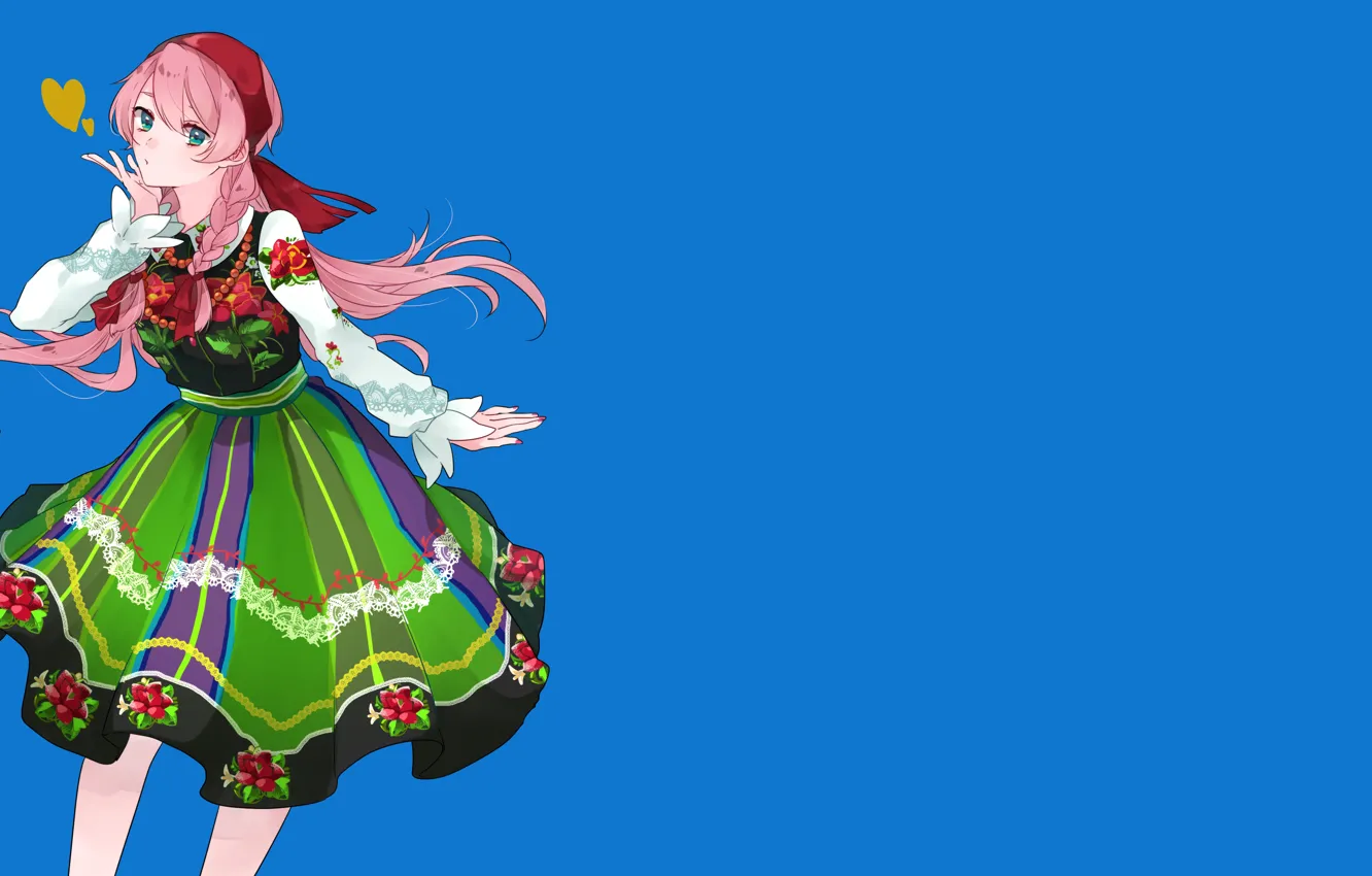 Photo wallpaper girl, flowers, dress, blue background