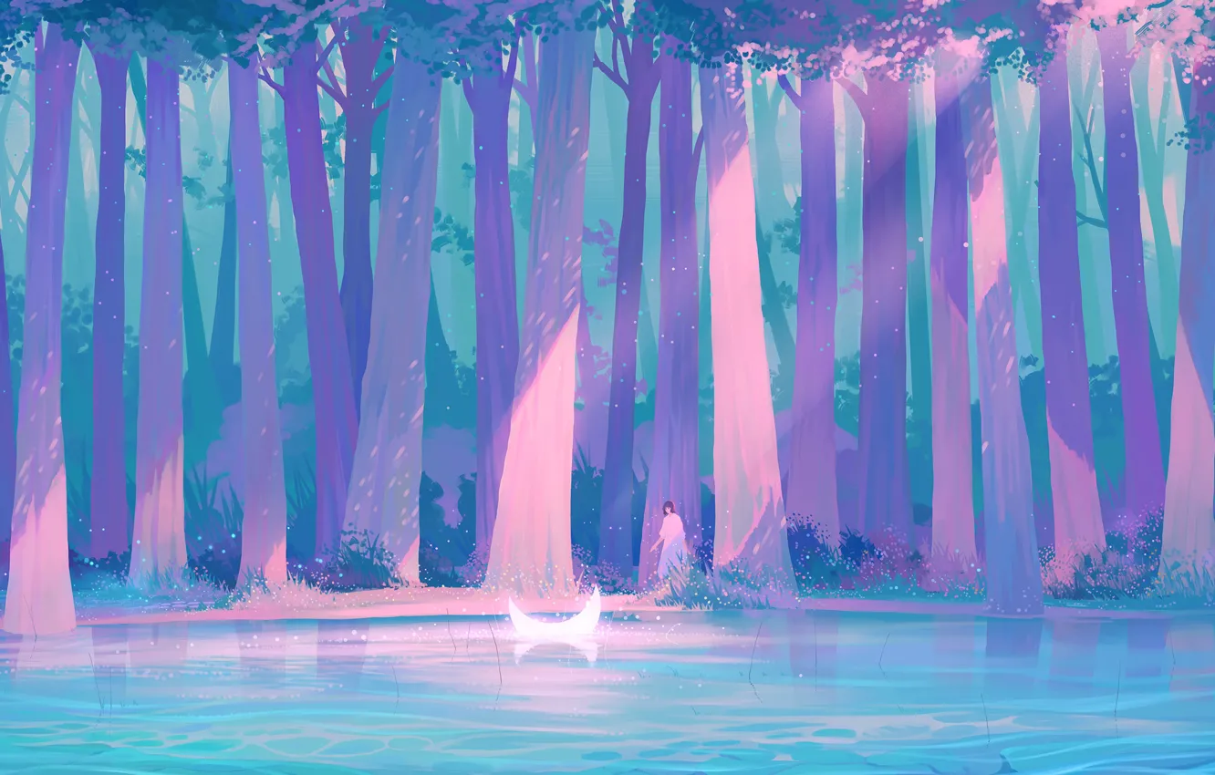 Photo wallpaper girl, night, fantasy, pond, Crescent