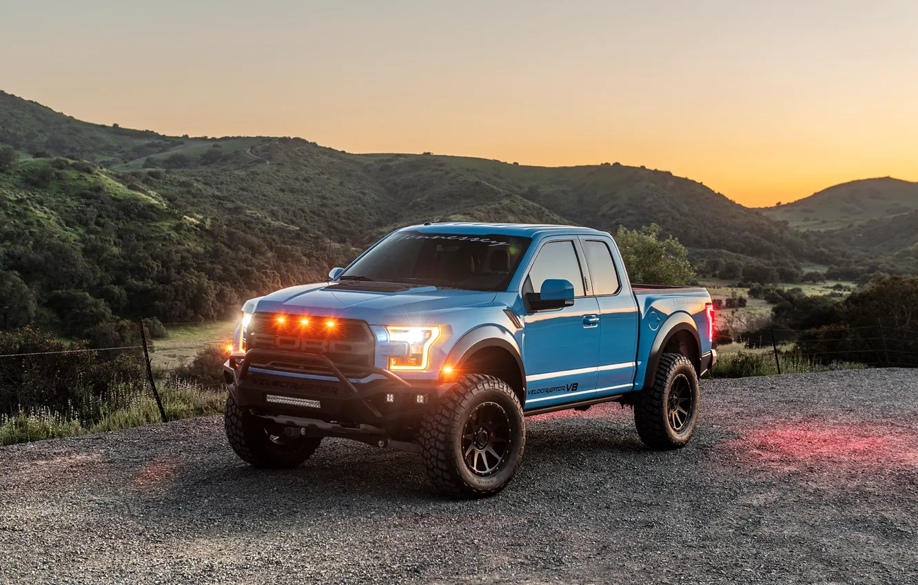 Photo wallpaper sunset, lights, Ford, Raptor, pickup, F-150, Hennessey, 2019